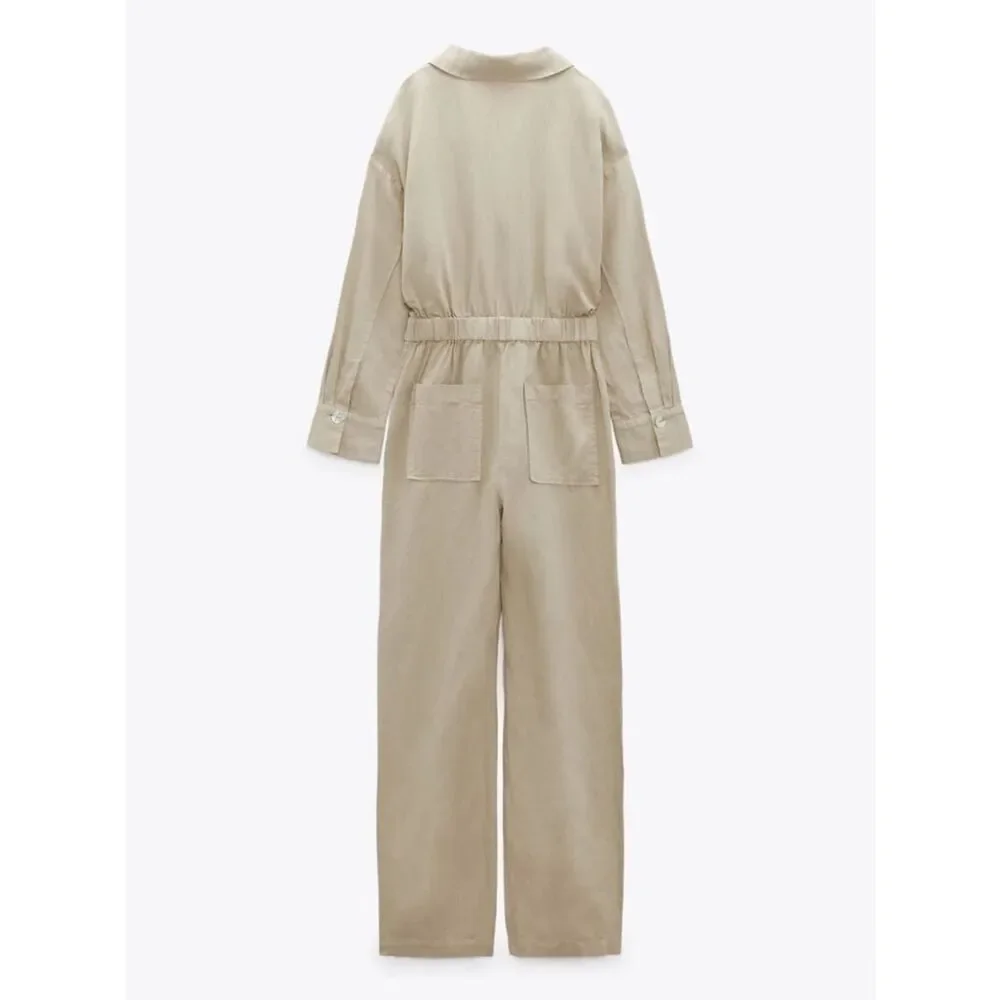 ZARA LINEN BLEND LONG JUMPSUIT SAND
